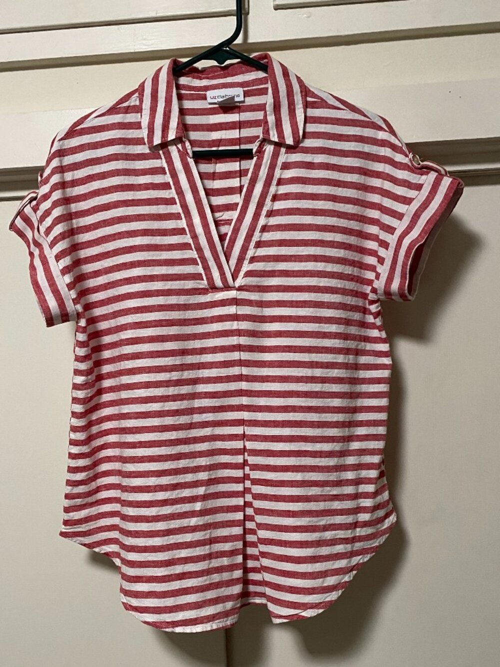 Liz Claiborne, short, cuffed sleeve, red & white stripe blouse, size M